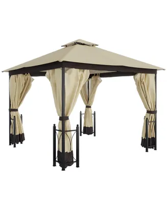 Outsunny 13' x 11' Patio Gazebo, Mesh, Curtains, Fancy Steel Frame, 2 Tier Roof, Outdoor Canopy Shelter, Garden Sun Shade Tent