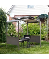 Outsunny 8'x5' Bbq Grill Gazebo with 2 Side Shelves, Outdoor Double Tiered Interlaced Polycarbonate Roof with Steel Frame, Brown