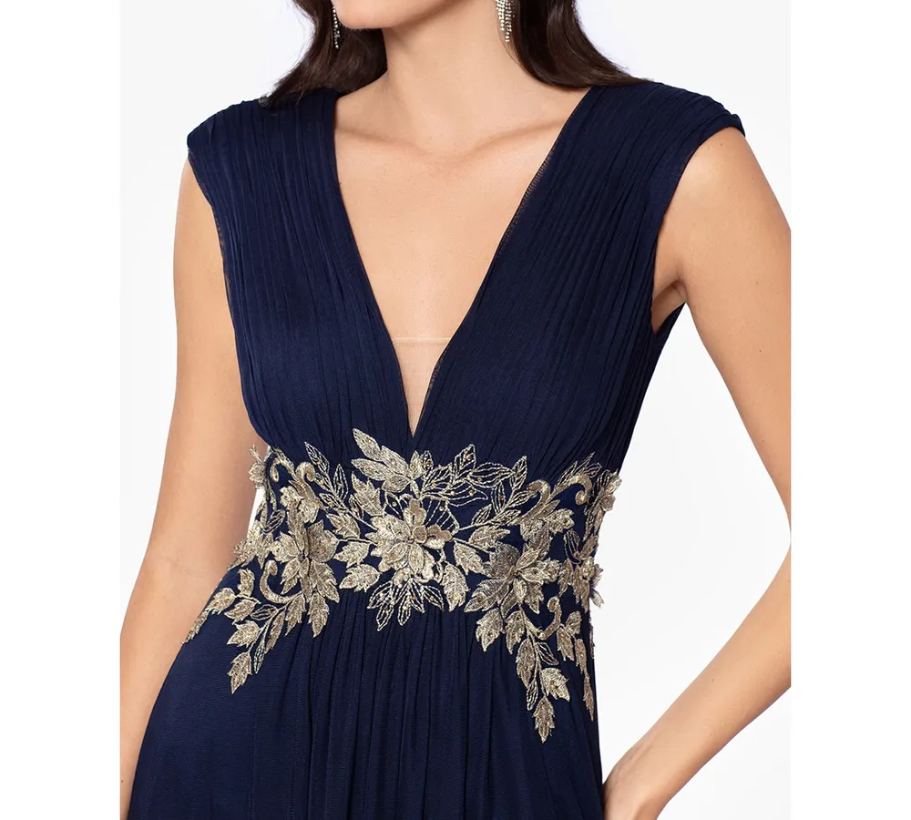 Betsy & Adam Women's Embroidered V-Neck Gown