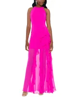 Betsy & Adam Halter-Neck Ruffled Gown