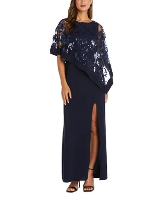 R & M Richards Women's Sequinned Floral-Lace-Poncho Gown
