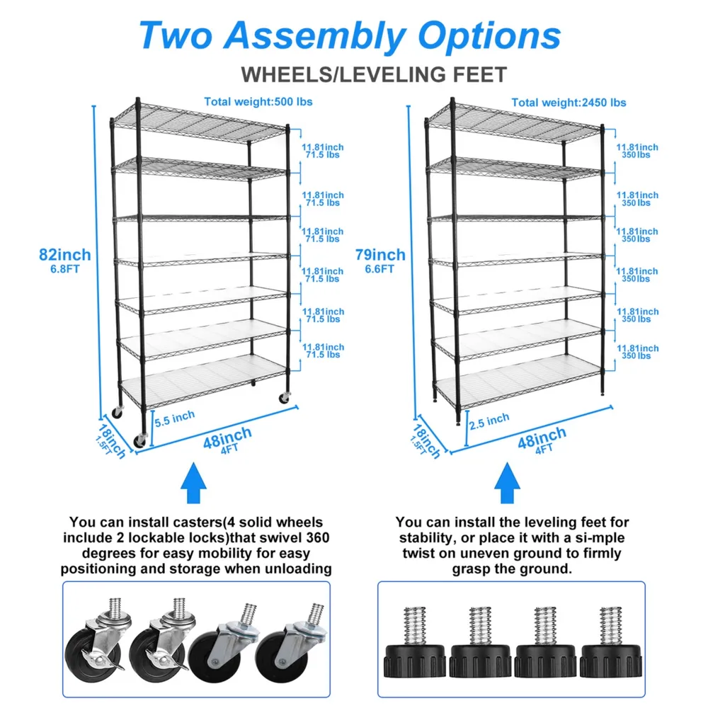 7 Tier Wire Shelving Unit, 2450 Lbs Nsf Height Adjustable Metal Garage Storage Shelves with Wheels