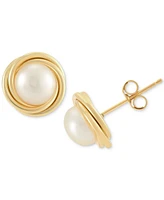 Cultured Freshwater Pearl (6mm) Love Knot Stud Earrings in 14K Gold