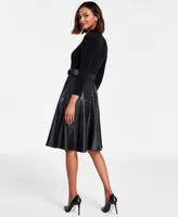 Calvin Klein Women's Faux-Leather-Skirt A-Line Dress