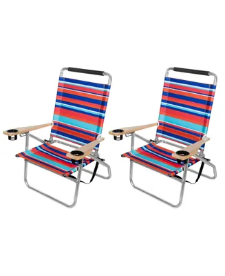 Garden Elements Foldable Reclining Aluminum Beach Chairs With Cupholders and Carrying Strap, Multicolor, Pack of 2