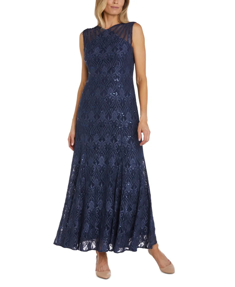 R & M Richards Women's Long Embellished Illusion-Detail Lace Gown