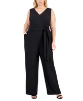 Kasper Plus Size V-Neck Sleeveless Belted Jumpsuit