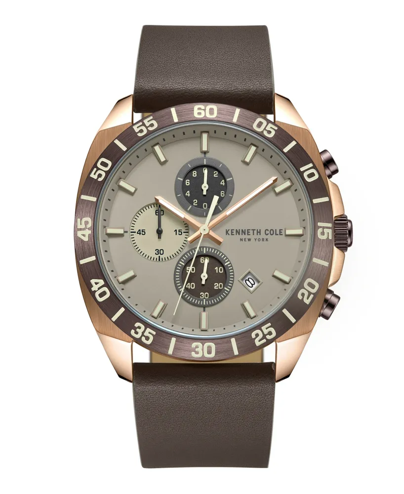 Kenneth Cole New York Men's Chronograph Dress Sport Brown Genuine Leather Watch 43mm