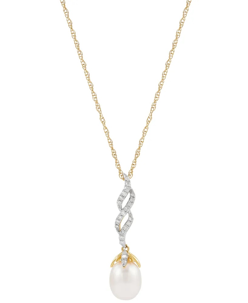 Honora Cultured Freshwater Pearl (8mm) & Diamond (1/6 ct. t.w.) Twist 18" Pendant Necklace in 10k Gold