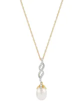 Honora Cultured Freshwater Pearl (8mm) & Diamond (1/6 ct. t.w.) Twist 18" Pendant Necklace in 10k Gold