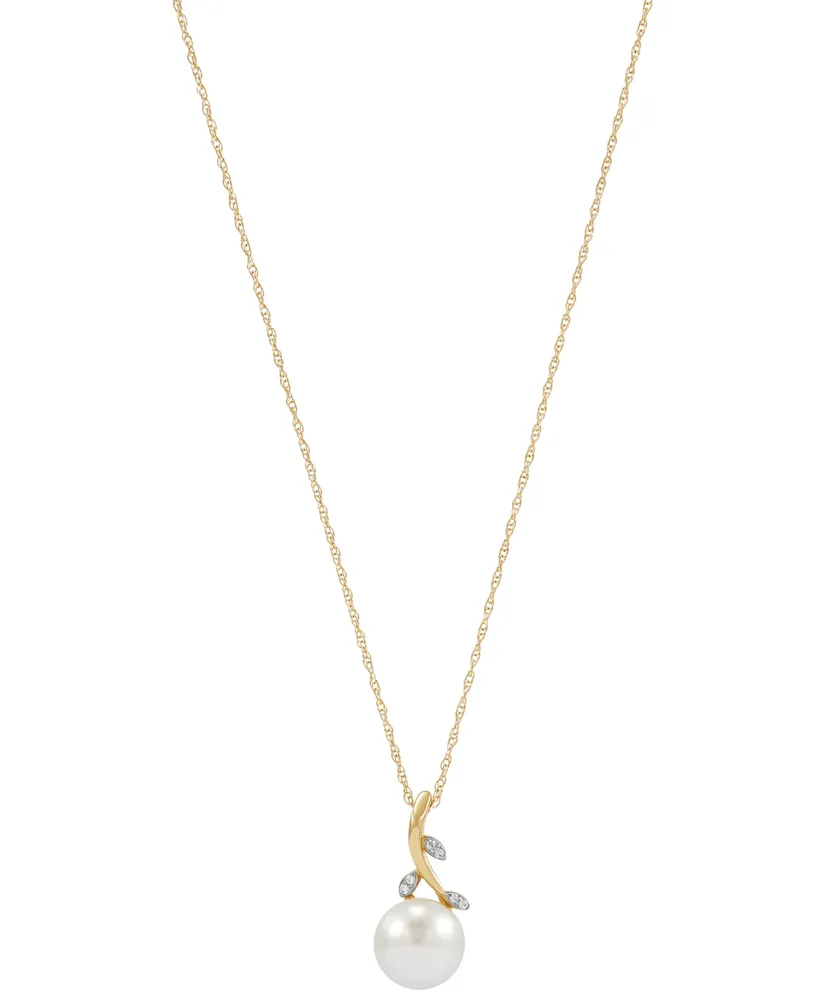 Honora Cultured Freshwater Button Pearl (8mm) & Diamond Accent Vine 18" Pendant Necklace in 10k Gold