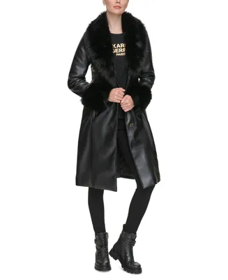 Karl Lagerfeld Paris Women's Faux-Fur-Trim Faux-Leather Coat