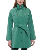 London Fog Women's Hooded Belted Zip-Front Rain Coat