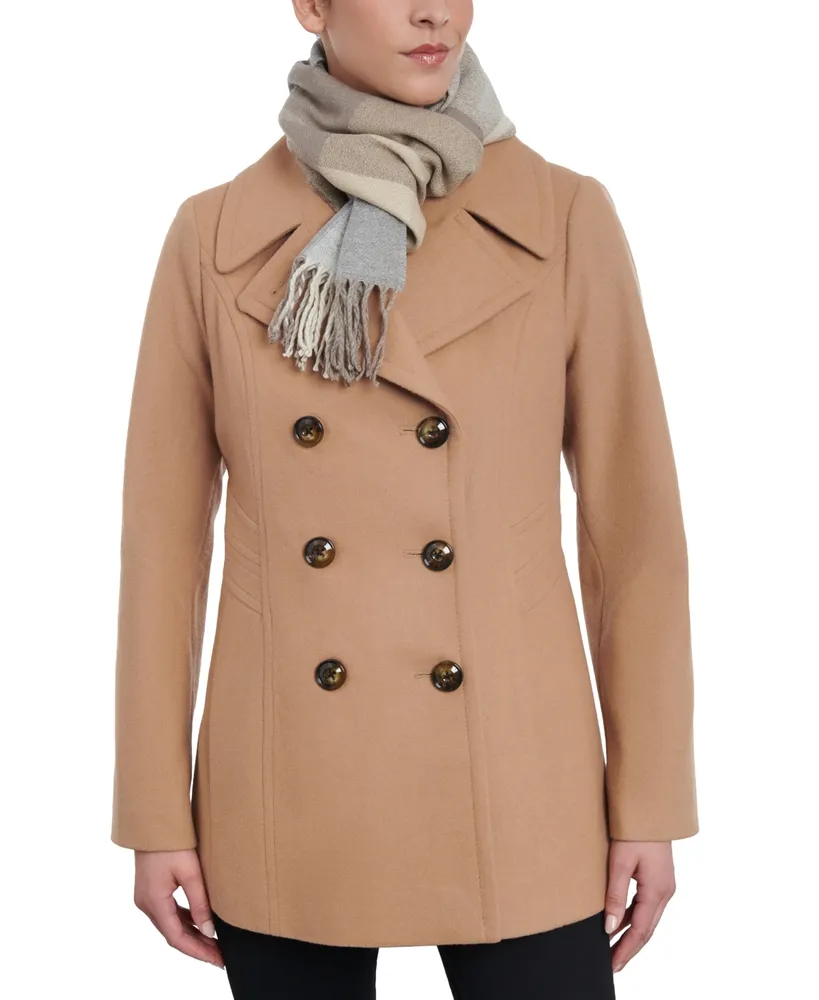 London Fog Women's Double-Breasted Wool Blend Peacoat & Plaid Scarf