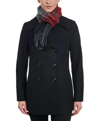 London Fog Women's Double-Breasted Wool Blend Peacoat & Plaid Scarf