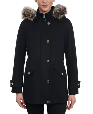 London Fog Women's Faux-Fur-Trim Hooded Wool Blend Walker Coat