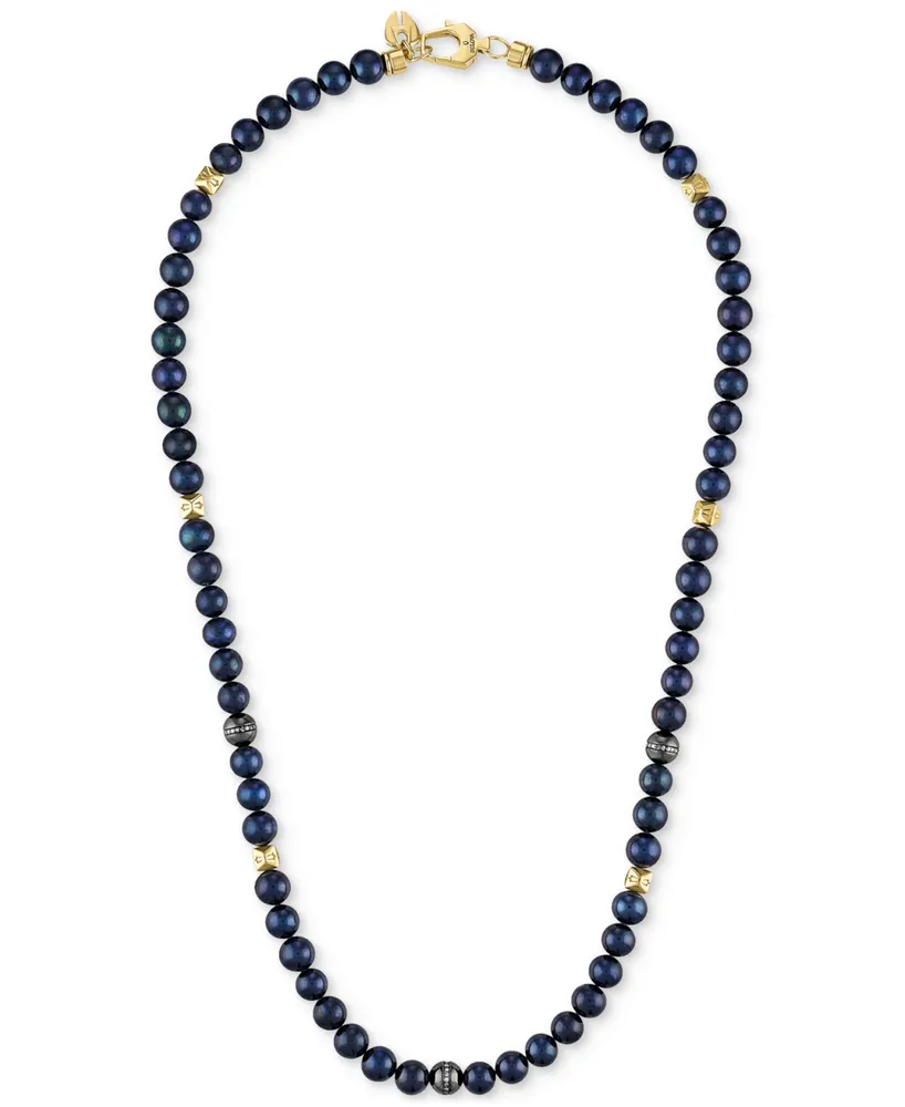 Bulova Men's Marine Star Blue Freshwater Pearl (8mm) & Diamond (1/4 ct. t.w.) Beaded 22" Necklace in 14k Gold-Plated Sterling Silver