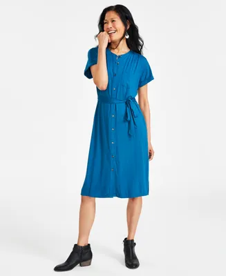 Style & Co Women's Short Sleeve Belted Knit Shirtdress, Created for Macy's