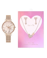 Jessica Carlyle Women's Analog, Three-Hand Quartz Shiny Rose Gold-Tone Metal Bracelet Watch 34mm Gift Set