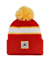 Men's adidas Red Calgary Flames Team Classics Striped Cuffed Knit Hat with Pom