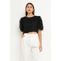 endless rose Women's Gridded Mesh Feathered Cropped Top