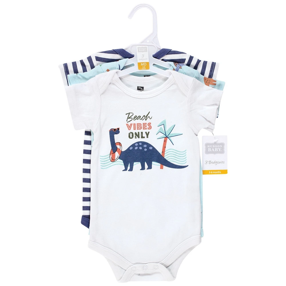 Hudson Baby Boys Unisex Cotton Bodysuits, Beach Dino, 3-Pack
