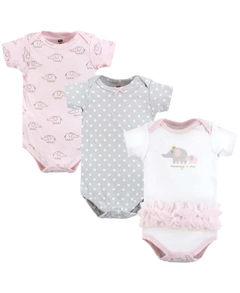 Hudson Baby Girls Cotton Bodysuits, Pink Gray Elephant, 3-Pack