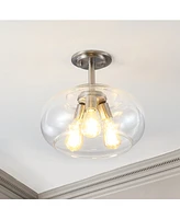 Lina 13.75" 3-Light Modern Industrial Iron, Seeded Glass Led Semi Flush Mount
