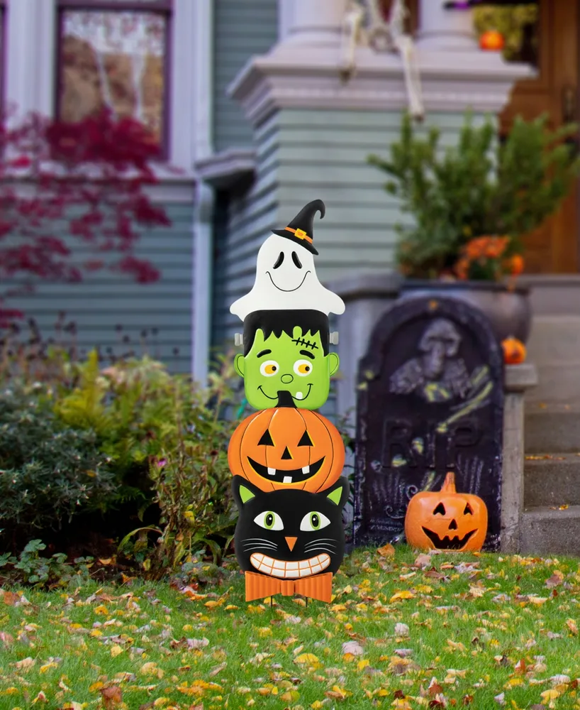 Glitzhome 42.5" H Halloween Metal Stacked Ghost, Frankenstein, Black Cat Pumpkin Yard Stake or Hanging Decor