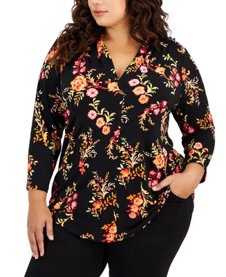 Jm Collection Plus Size Floral-Print V-Neck 3/4-Sleeve Top, Created for Macy's