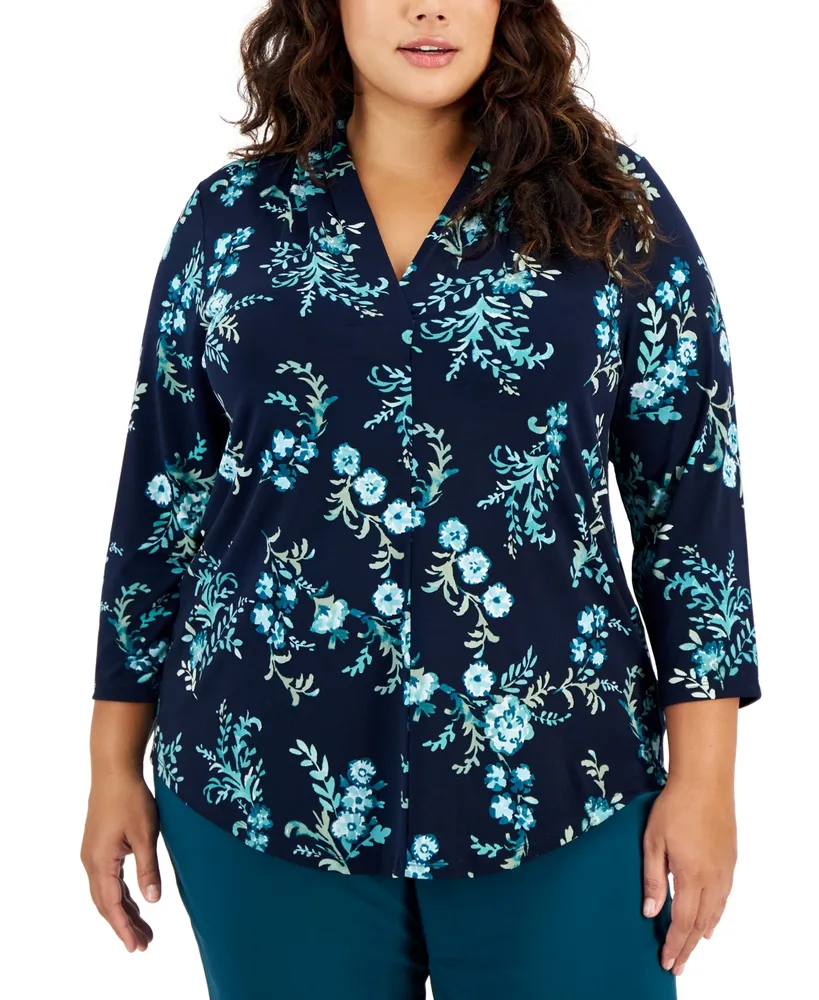 Jm Collection Plus Size Floral-Print V-Neck 3/4-Sleeve Top, Created for  Macy's