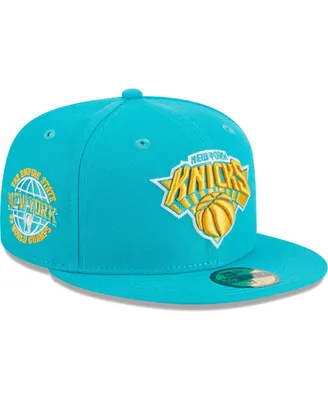 Men's New Era Turquoise New York Knicks 2-Time Champions Breeze Grilled Yellow Undervisor 59FIFTY Fitted Hat