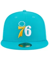 Men's New Era Turquoise Philadelphia 76ers 3-Time Champions Breeze Grilled Yellow Undervisor 59FIFTY Fitted Hat