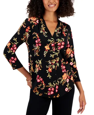 Jm Collection Women's Floral Print V-Neck Pleated Top, Created for Macy's