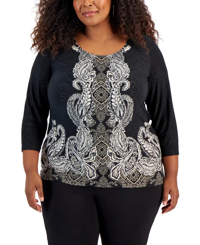 Jm Collection Petite Painted Jacquard 3/4-Sleeve Top, Created for