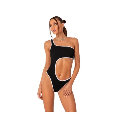 Women's Contrast Binding One Shoulder Cutout One Piece Swimsuit