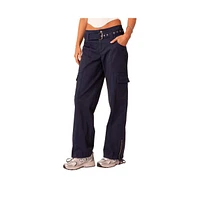 Women's Drill Cargo Pants With Big Pockets, Separate Belt, Woven Tape Detail And Zippers In The Hem