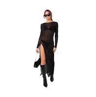 Women's Shiny Mesh Maxi Slit Dress