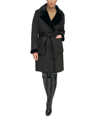 Dkny Women's Petite Belted Notched-Collar Faux-Shearling Coat