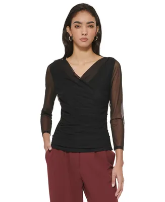 Dkny Women's Mesh Long-Sleeve Faux-Wrap Top