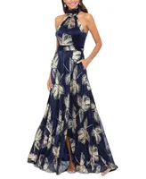 Betsy & Adam Women's Metallic-Print Halter Gown