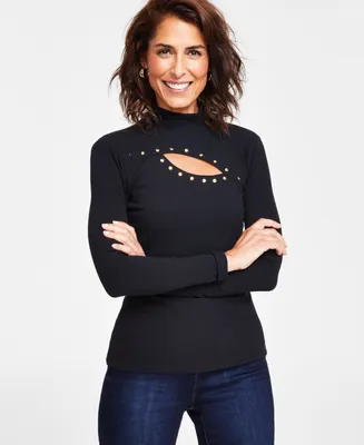 I.n.c. International Concepts Women's Studded Cut-Out Mock-Neck Top, Xs-3X, Created for Macy's