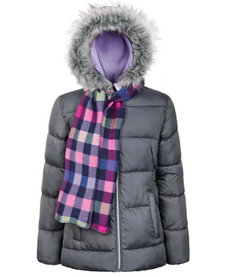 S Rothschild & Co Big Girls Solid Quilt Puffer Coat Plaid Scarf