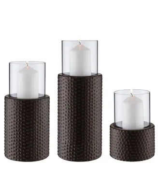 Danya B Contemporary 3-Piece Candle Holder Set with Clear Glass Hurricanes and Textured Metal Base