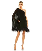 Mac Duggal Women's One Shoulder Trapeze Dress with Feather Trim