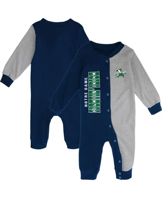 Newborn and Infant Boys Girls Navy, Heather Gray Notre Dame Fighting Irish Half Time Two-Tone Long Sleeve Full-Snap Jumper