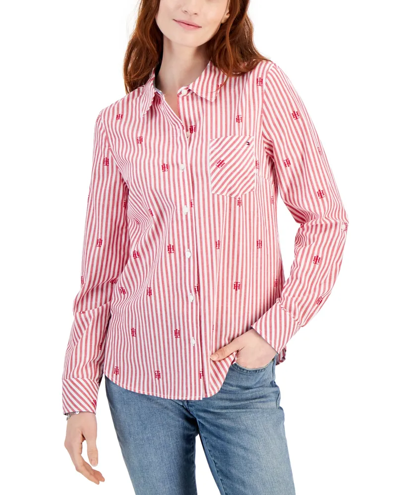 Tommy Hilfiger Women's Cotton Monogram-Logo Stripe-Print Shirt