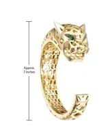 Rachel Glauber Luxurious 14k Gold Plated Sterling Silver Jaguar Open Cuff Bangle Bracelet with Green Cubic Zirconia