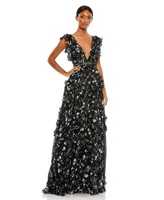 Mac Duggal Women's Ieena Ruffled Floral Print Cap Sleeve Gown