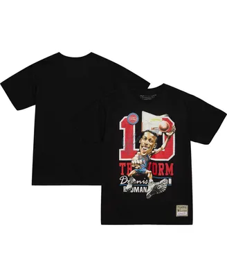 Men's Mitchell & Ness Dennis Rodman Black Detroit Pistons Hardwood Classics Caricature T-shirt